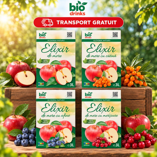 Pachet 4 × Suc De Mere 3L & Suc De Mere Cu Cătină 3L & Suc De Mere Cu Afine 3L & Suc De Mere Cu Merișoare 3L – Biodrinks, 100% Natural